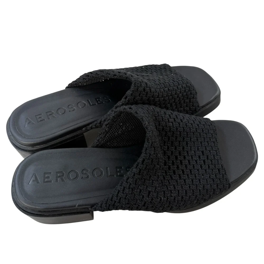 Aerosoles Denise Black Woven Platform Slide Sandals Square Toe Block Heel 8.5